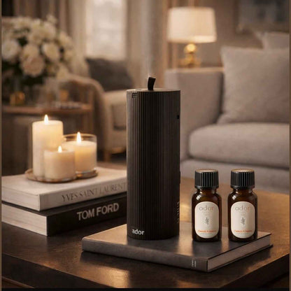 The Wellness Bundle by Ador Scents, pairs the elegant, high-capacity AromaFlow diffuser with a lavish 250ml bottle of essential oil from our wellness collection.