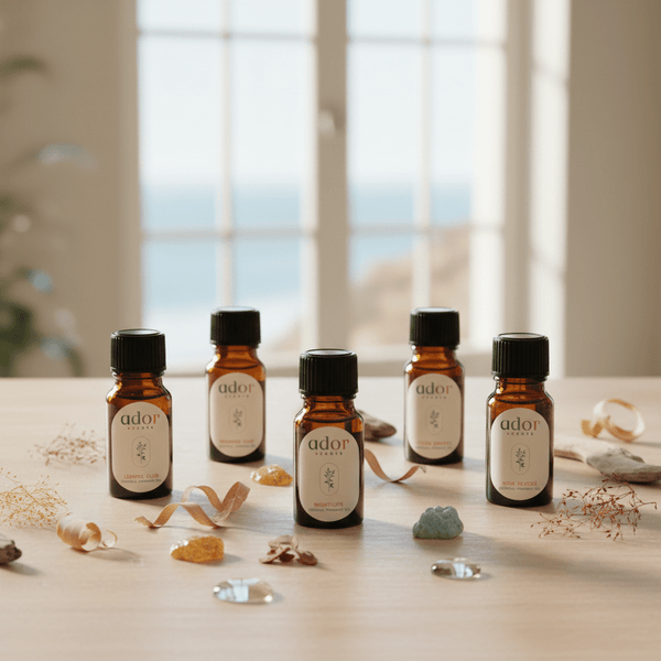Ador Collection 5 x 10ml essential oils included in the AromaDrive bundle by Ador Scents