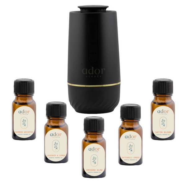AromaDrive car diffuser bundle by Ador Scents — diffuser paired with 5 x 10ml curated essential oil collection