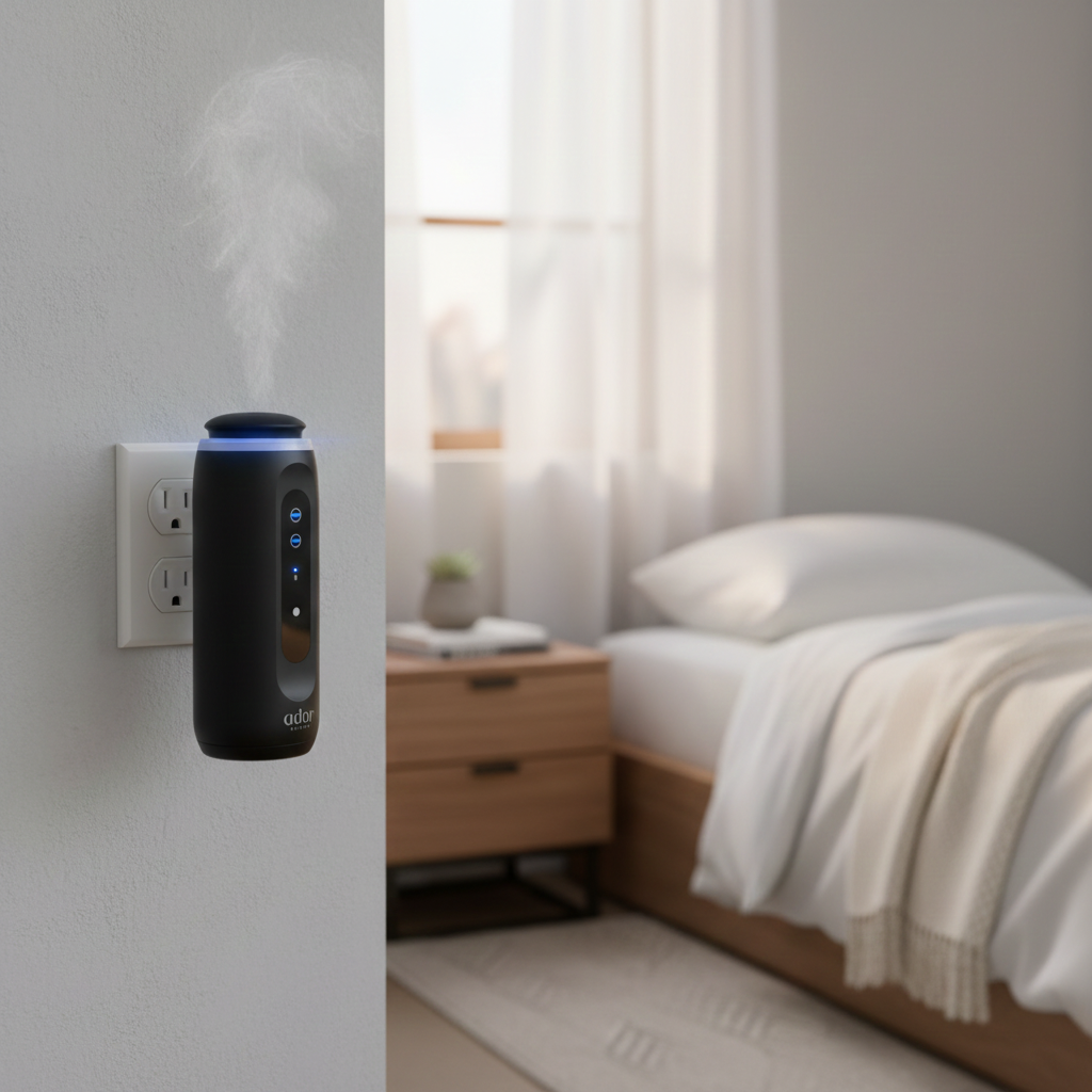 AromaPlugin by Ador Scents a discreet essential oil diffuser. No water. No tank. No countertop space required. Simply Plug-In your bedroom