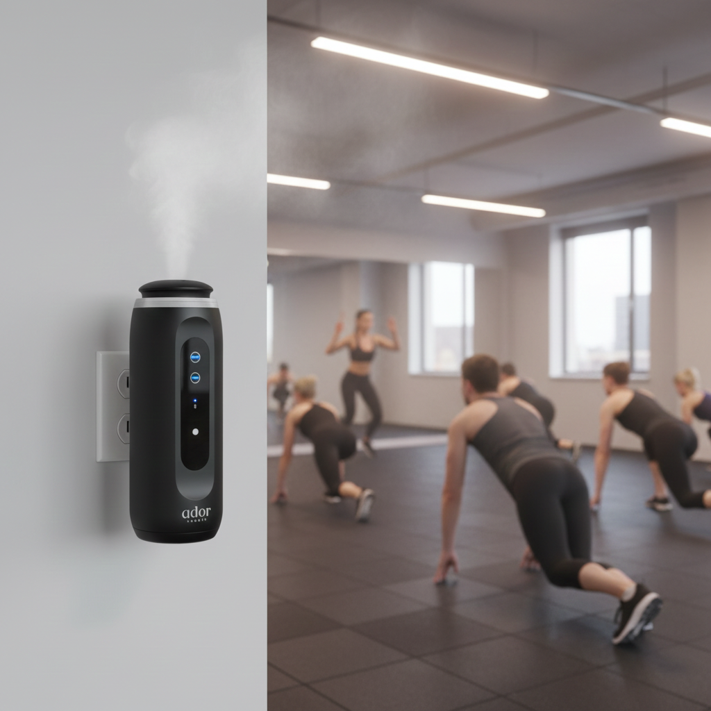 AromaPlugin by Ador Scents a discreet essential oil diffuser. No water. No tank. No countertop space required. Simply Plug-In your fitness studio
