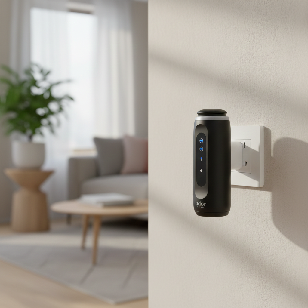 AromaPlugin by Ador Scents a discreet essential oil diffuser. No water. No tank. No countertop space required. Simply Plug-In your living room