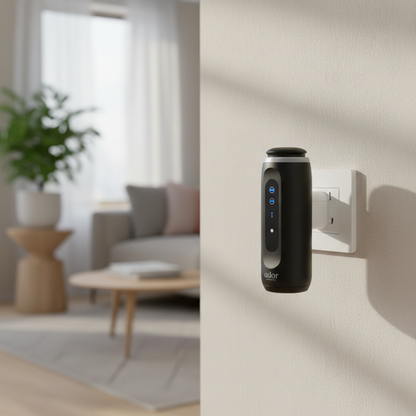 AromaPlugin by Ador Scents a discreet essential oil diffuser. No water. No tank. No countertop space required. Simply Plug-In your living room