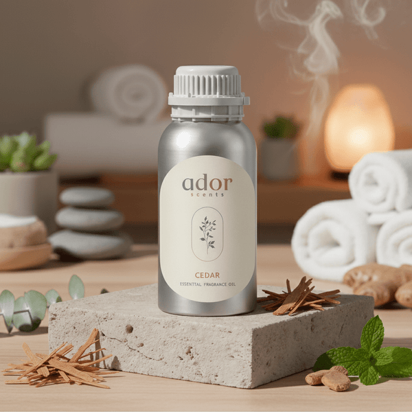 Cedar essential diffuser oil 100ml bottle by Ador Scents — peppermint, peach, cedar, eucalyptus and sandalwood