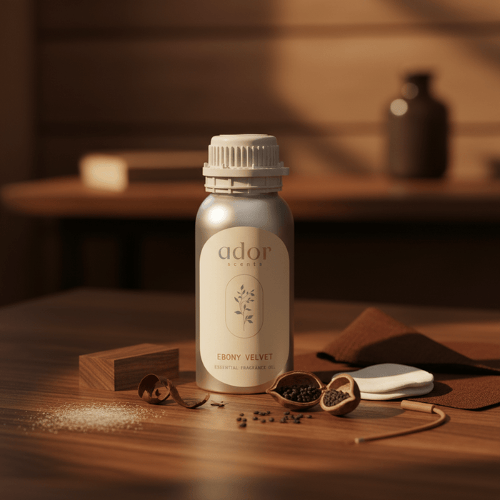 Ebony Velvet essential diffuser oil 100ml bottle by Ador Scents — ebony, vanilla, leather and powder