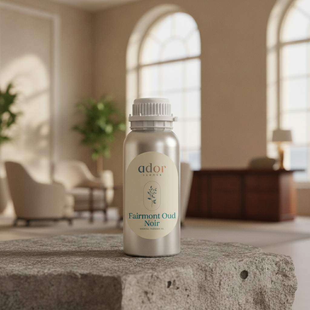 Fairmont Oud Noir essential diffuser oil by Ador Scents, displayed in a grand hotel lobby