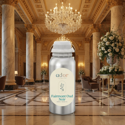 Fairmont Oud Noir essential diffuser oil by Ador Scents, styled in a luxury hotel lobby setting