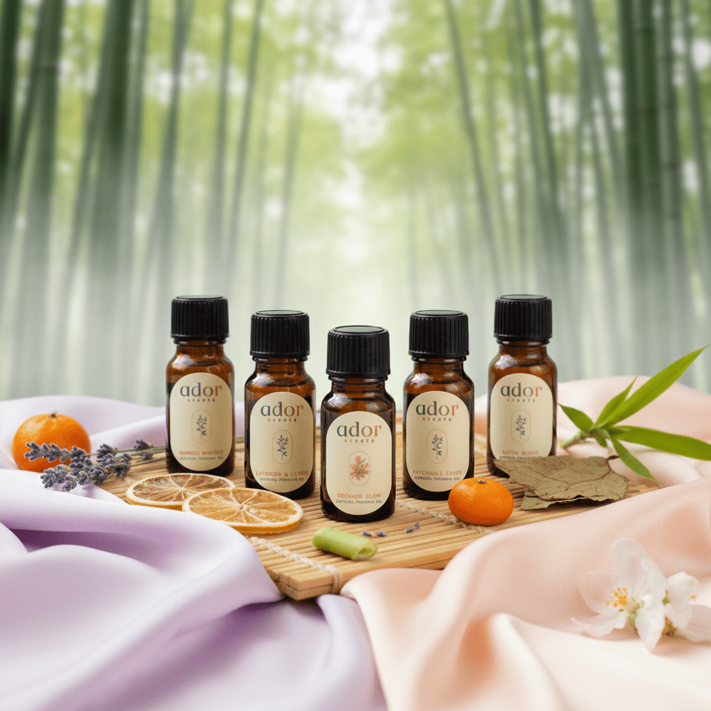 Floral Scents Collection by Ador Scents, 5 x 10ml exquisite essential oil blends, each bottled emotion, each designed exclusively for the waterless precision of your AromaDrive diffuser.