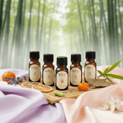 Floral Scents Collection by Ador Scents, 5 x 10ml exquisite essential oil blends, each bottled emotion, each designed exclusively for the waterless precision of your AromaDrive diffuser.