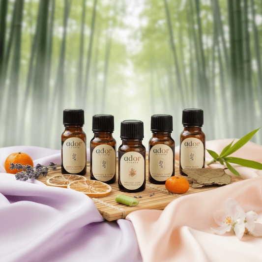 Floral Scents Collection by Ador Scents, 5 x 10ml exquisite essential oil blends, each bottled emotion, each designed exclusively for the waterless precision of your AromaDrive diffuser.