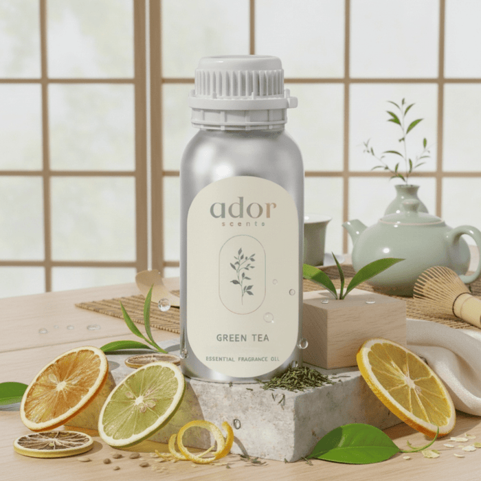 Green Tea essential diffuser oil 100ml bottle by Ador Scents — sweet orange, bergamot, lemon and green tea