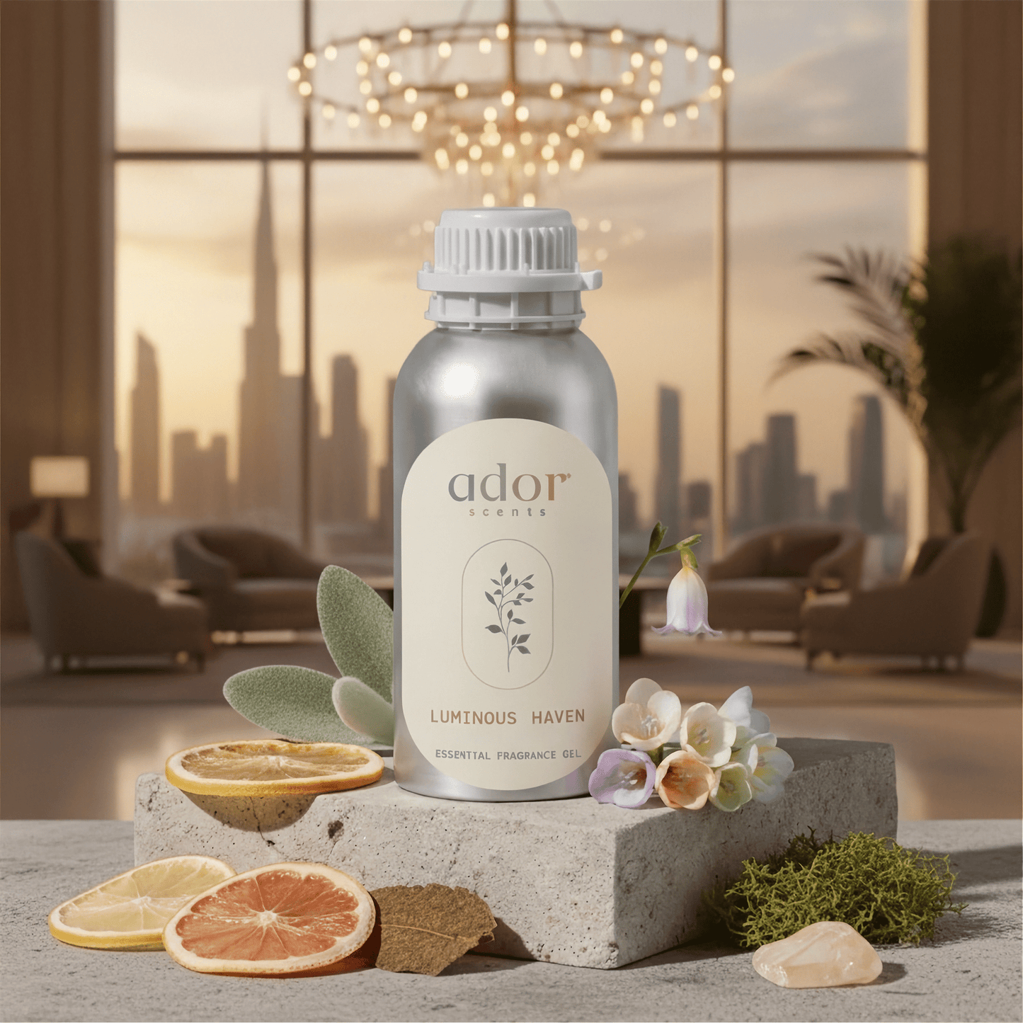 Luminous Haven inspired by a famous Middle Eastern Hotel, recreated by Ador Scents, a masterful blend of Lemon, Rabbit Ears, Patchouli, Grapefruit, Freesia, Oakmoss, Bellflower & Ambergris
