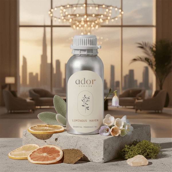 Luminous Haven essential diffuser oil 100ml bottle by Ador Scents — inspired by The Address Hotel, notes of lemon, patchouli, grapefruit and ambergris