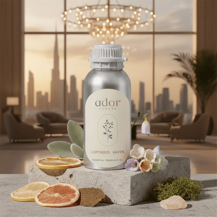 Luminous Haven essential diffuser oil 100ml bottle by Ador Scents — inspired by The Address Hotel, notes of lemon, patchouli, grapefruit and ambergris