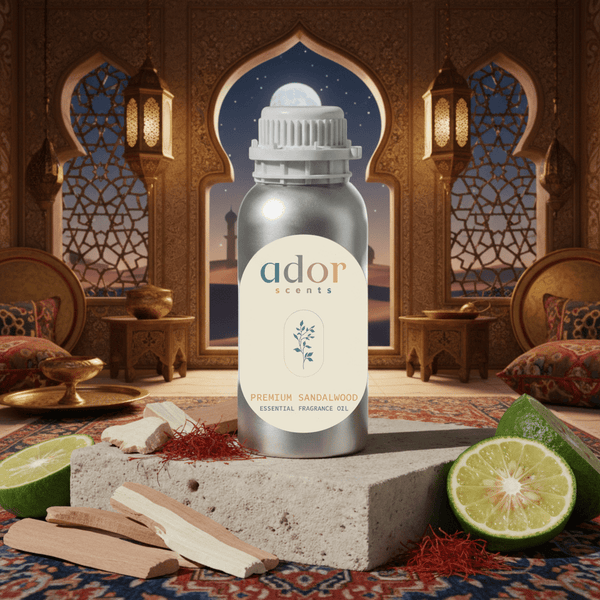 Premium Sandalwood essential diffuser oil 100ml bottle by Ador Scents — rich earthy sandalwood and ambergris