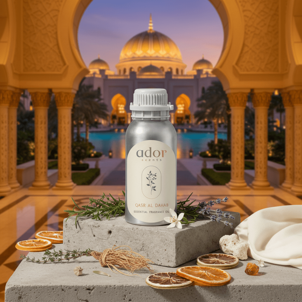 Qasr al Dahab by Ador Scents, an exquisite mix blend of Herbs, Jasmine, Vetiver, Bergamot, Ocean, Lavender, Styrax, Amber & Musk to recreate a famous hotel in Abu Dhabi