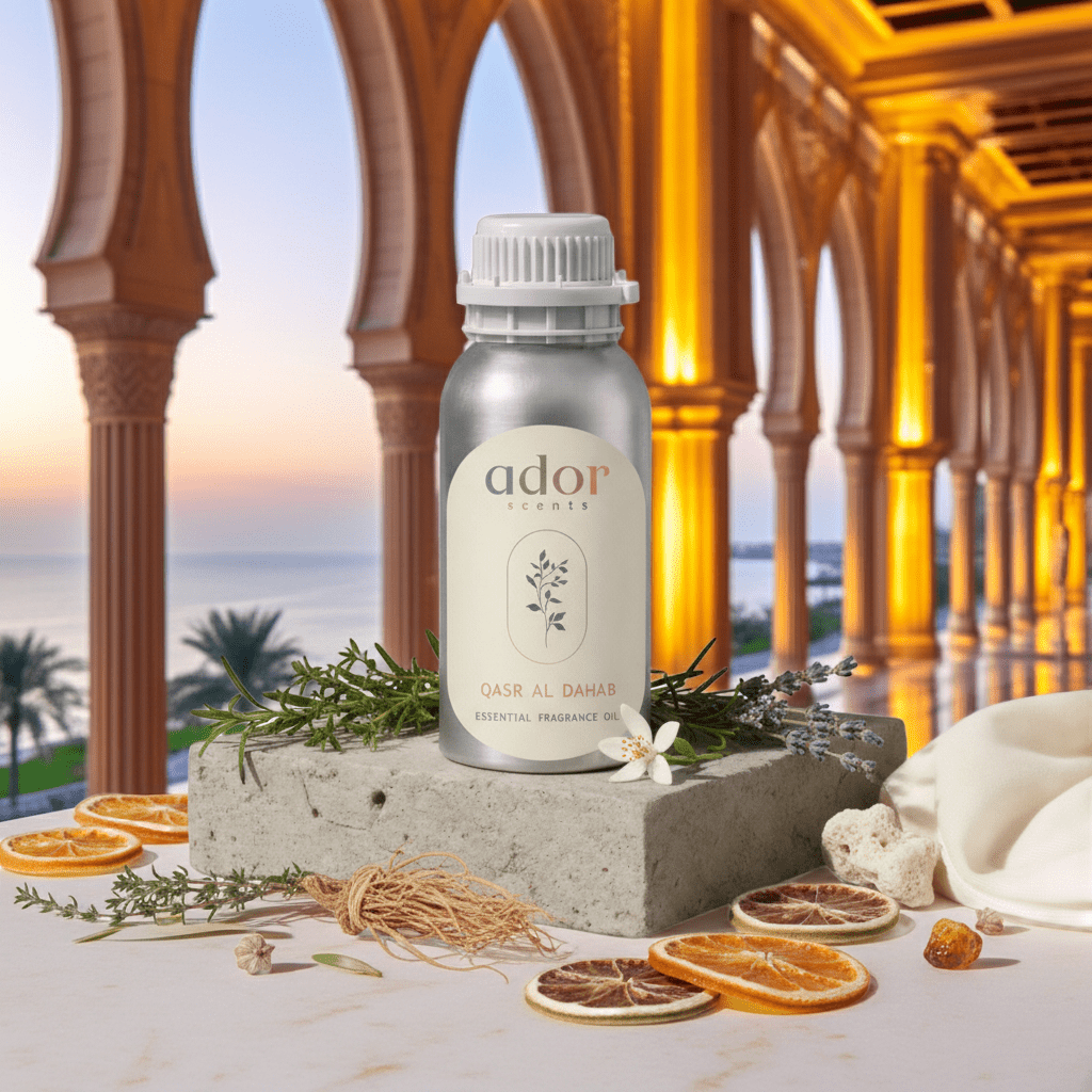 Qasr al Dahab by Ador Scents, an exquisite mix blend of Herbs, Jasmine, Vetiver, Bergamot, Ocean, Lavender, Styrax, Amber & Musk to recreate a famous hotel in Abu Dhabi