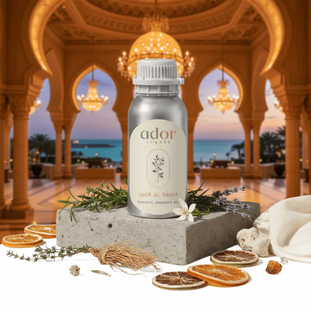 Qasr al Dahab by Ador Scents, an exquisite mix blend of Herbs, Jasmine, Vetiver, Bergamot, Ocean, Lavender, Styrax, Amber & Musk to recreate a famous hotel in Abu Dhabi