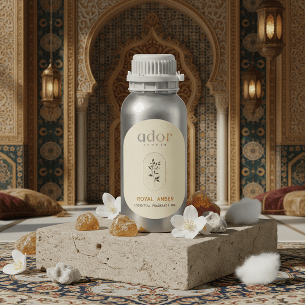 Royal Amber essential diffuser oil 100ml bottle by Ador Scents — lemon, jasmine, amber, rose and musk