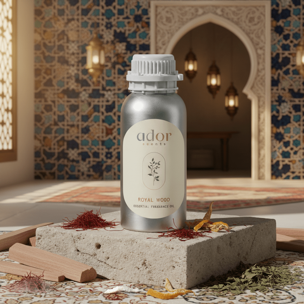 Royal Wood by Ador Scents, a mix blend of Bergamot, Sandalwood, Patchouli, Rose, Saffron, Gualac Wood, Geranium, Cedar, Ambergris, Amber & Musk