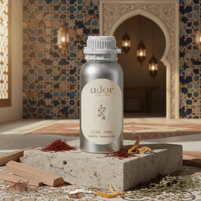 Royal Wood by Ador Scents, a mix blend of Bergamot, Sandalwood, Patchouli, Rose, Saffron, Gualac Wood, Geranium, Cedar, Ambergris, Amber & Musk