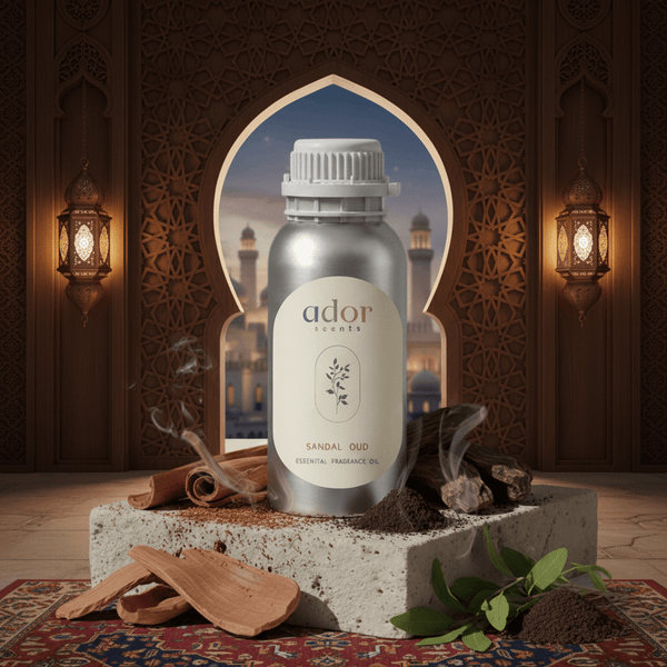 Sandal Oud essential diffuser oil 100ml bottle by Ador Scents — sandalwood, oud, patchouli, amber and cedar